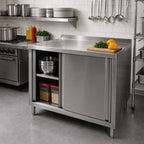 Thumbnail image #2 for Klinger's Trading BCB3048-W/SHELF 48" x 30" Stainless Steel Enclosed Work Table with Sliding Doors, Middle Shelf and 2" Backsplash