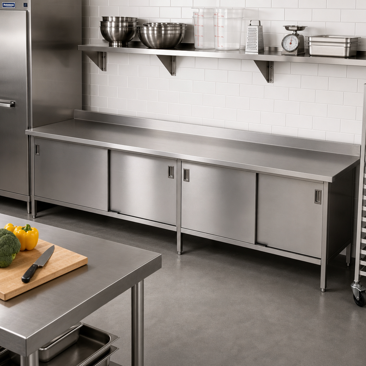 Product image #2 for John Boos Enclosed Base Work Table with Sliding Doors, 132 in. W x 30 in. D, 16-Gauge 300 Series Stainless Steel Top, 5 in. Backsplash