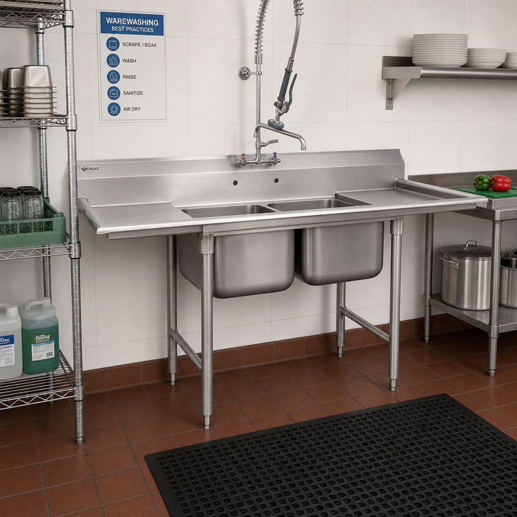 Product image #2 for Eagle Group 314 Series Floor Model Two-Compartment Sink with 24-Inch Left Drainboard, 66-3/4 Inch W x 31-3/4 Inch D, 304 Stainless Steel