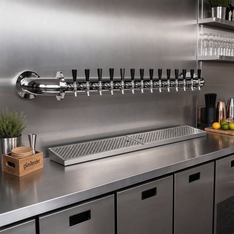 Product image #2 for Glastender Pipe Wall Draft Dispensing Tower, 14 Faucets, Wall Mount, Air Cooled, Mirror Finish