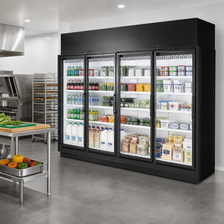 Product image #2 for True 4-Section Hinged Glass Door Refrigerated Merchandiser, Black Exterior/White Interior, Self-Contained, 154.4 Cu. Ft.