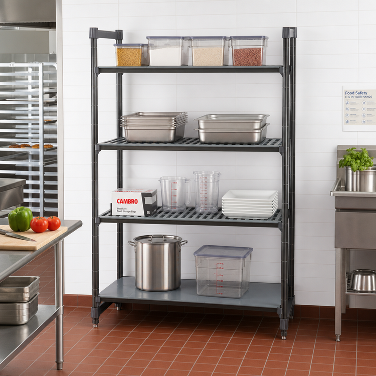 Product image #2 for Cambro Camshelving Basics Plus 4-Tier Stationary Polymer Shelving Starter Unit, 60" W x 18" D x 72" H, Vented/Solid