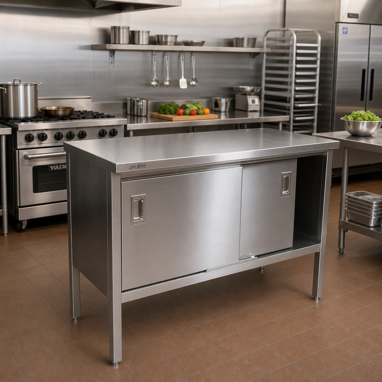 Product image #2 for John Boos Stainless Steel Enclosed Work Table with Cabinet Base and Sliding Doors, 132 x 30 Inch