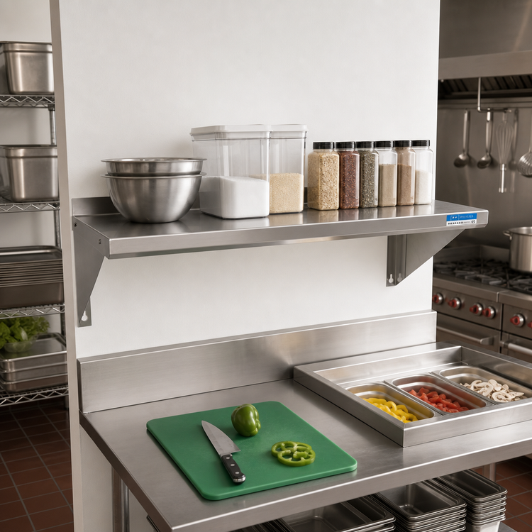 Product image #2 for BK Resources 60-Inch x 14-Inch Wall-Mount 16 Gauge 304 Stainless Steel Shelf with 1-1/2-Inch Rear Turn-Up