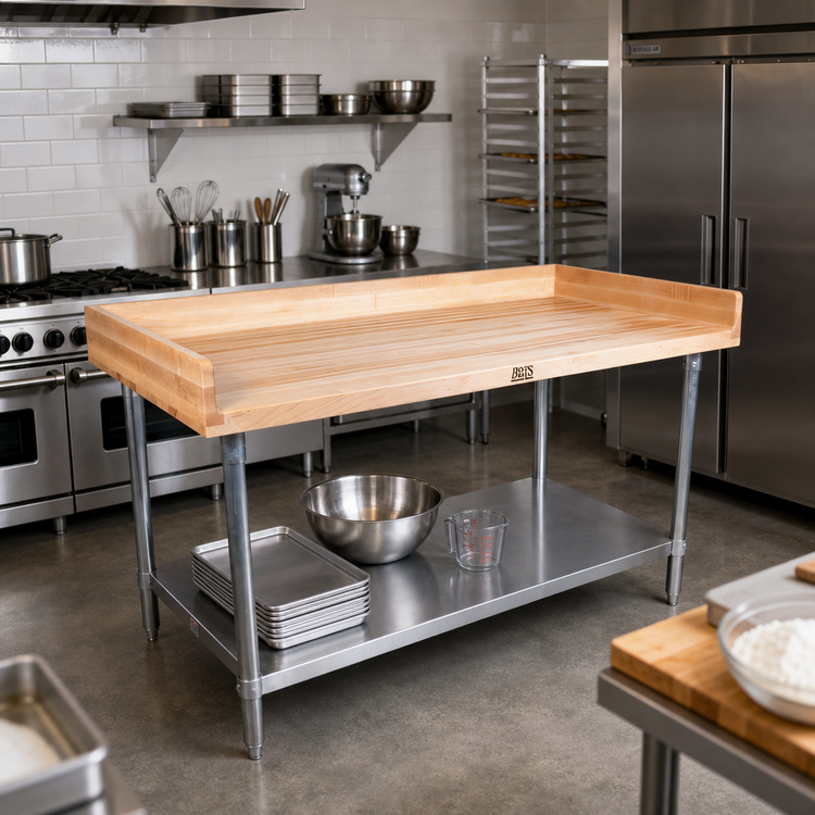 Product image #2 for John Boos 60 Inch x 36 Inch Bakers' Table with 1-3/4 Inch Maple Top, Stainless Steel Undershelf, and Coved Riser