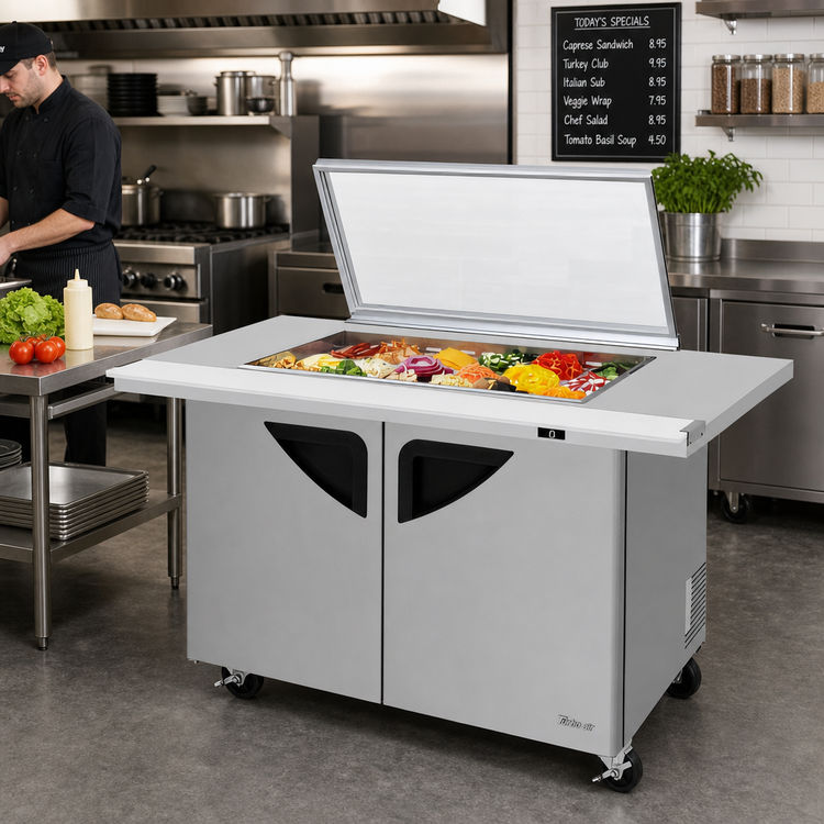 Product image #2 for Turbo Air Super Deluxe Two-Section Sandwich/Salad Mega Top Refrigerated Prep Table with Glass Lid, 18-Pan Capacity