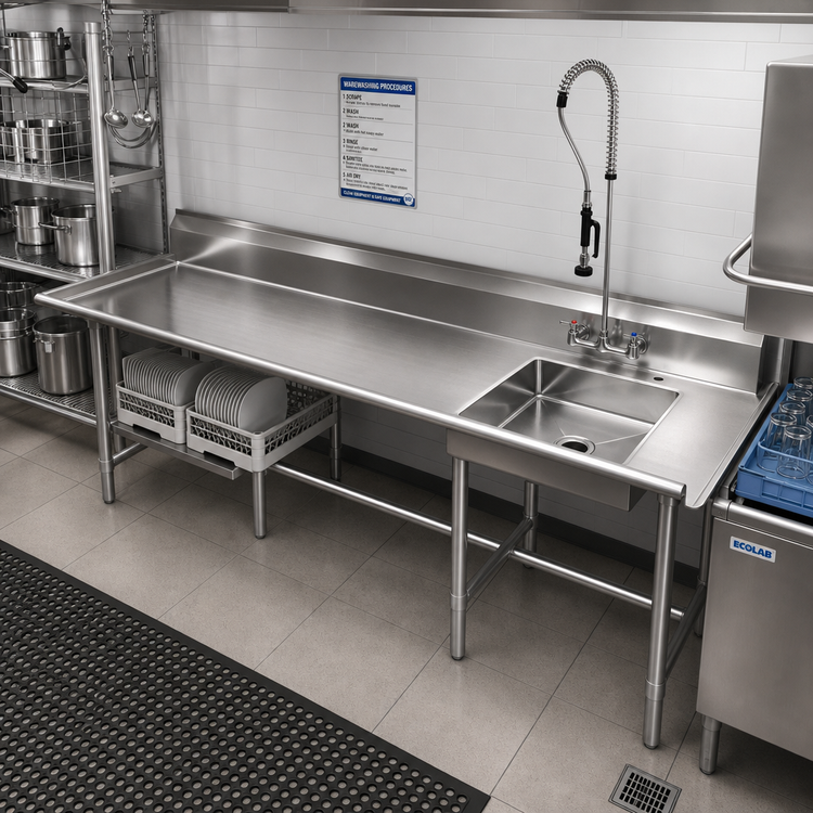 Product image #2 for 72-Inch x 30-Inch Stainless Steel Left-to-Right Soiled Dishtable with 20-Inch x 20-Inch Pre-Rinse Sink