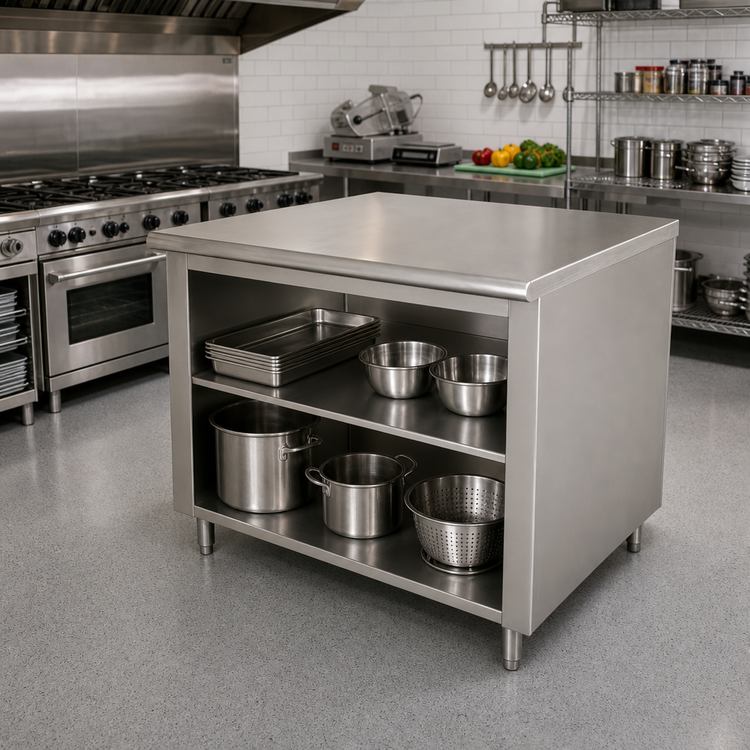 Product image #2 for Advance Tabco 96-Inch x 36-Inch 14 Gauge 304 Stainless Steel Flat Top Work Table with Open Front Cabinet Base and Mid-Shelf