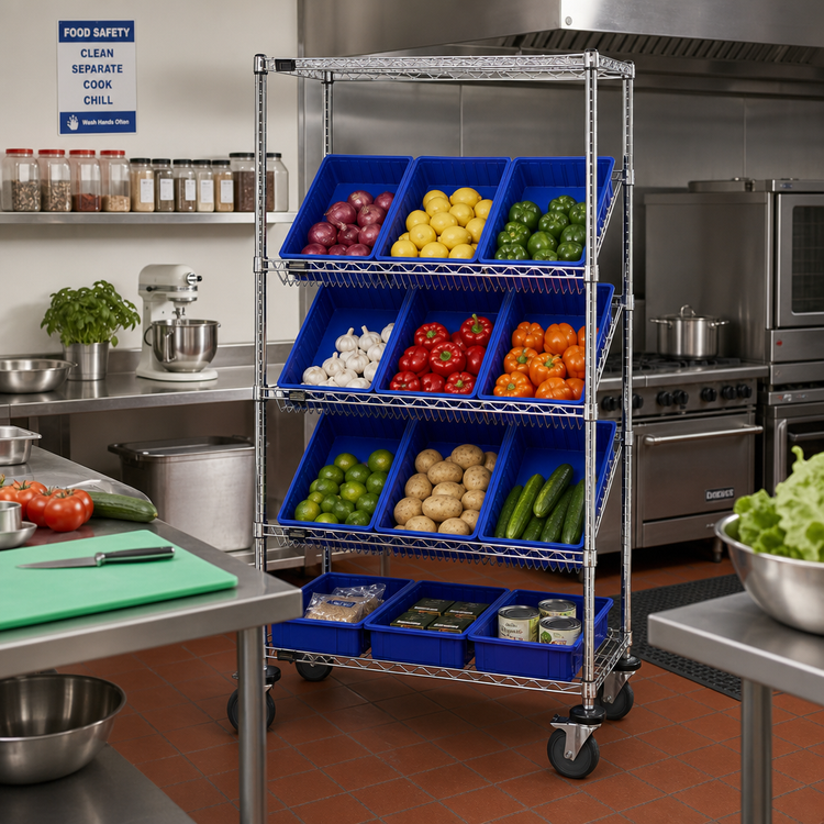 Product image #2 for Quantum Mobile Wire Shelving Bin System Unit with 12 Bins, 36 x 18 Inches, Chrome Plated
