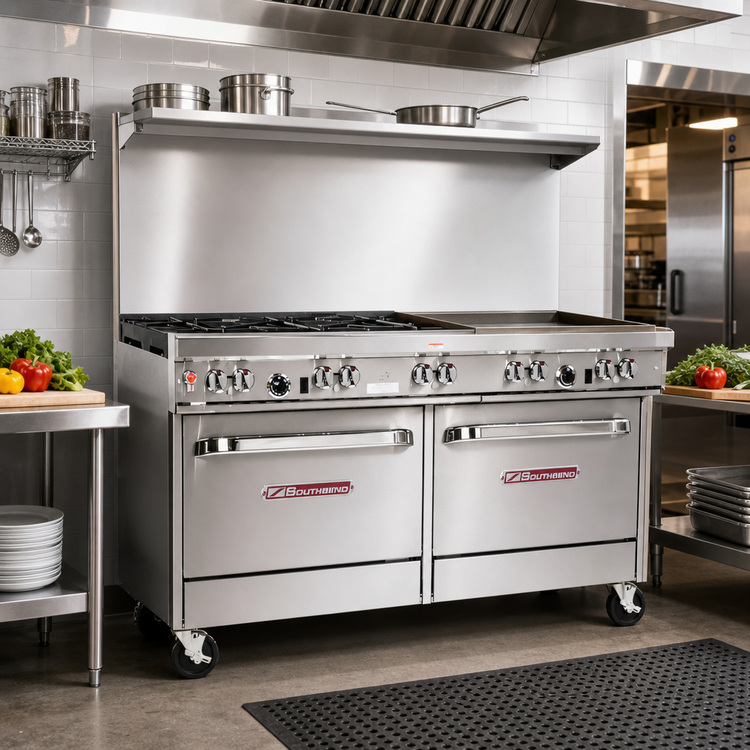Product image #2 for 60-Inch Commercial Gas Restaurant Range with 6 Burners, 24-Inch Griddle/Broiler, Standard Oven and Cabinet Base