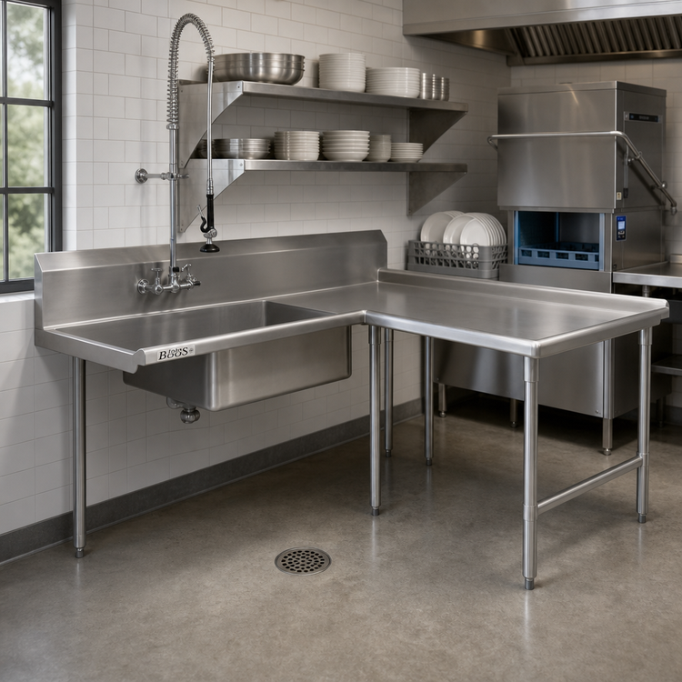 Product image #2 for John Boos Pro-Bowl L-Shaped Island Soiled Dish Table with Pre-Rinse Sink Bowl, Right-to-Left, 60" x 96"