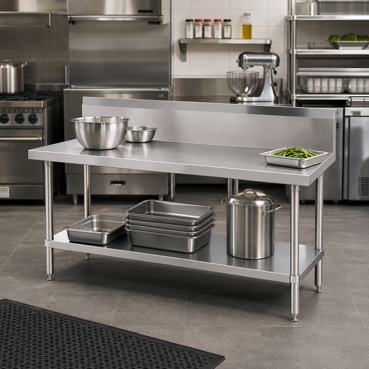 Product image #2 for Advance Tabco 48" x 30" 14 Gauge 304 Stainless Steel Work Table with 10" Backsplash and Adjustable Undershelf
