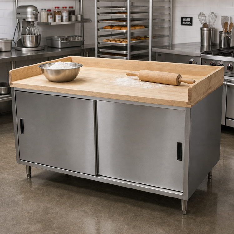 Product image #2 for BK Resources 60 x 36 Inch Chef Table with Hard Maple Bakers Top and Stainless Steel Cabinet Base with Sliding Doors