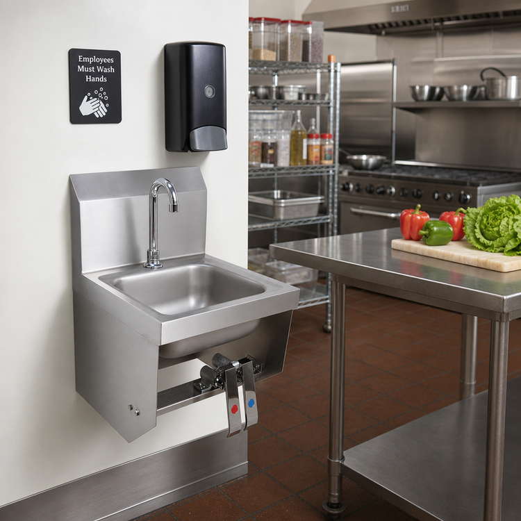 Product image #2 for BK Resources Space Saver Wall-Mounted Hand Sink with Gooseneck Faucet and Dual Knee Pedals, 9" x 9" x 5" Bowl