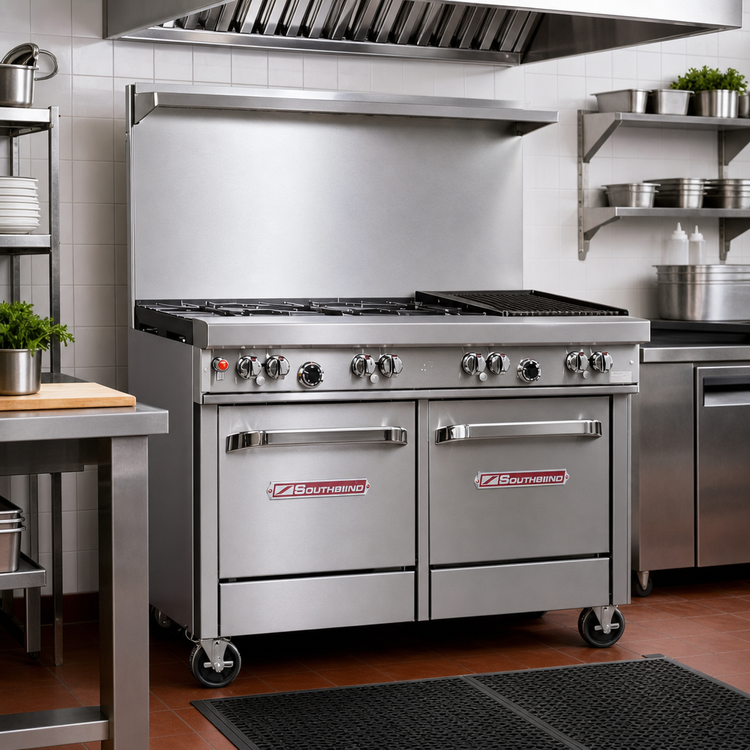 Product image #2 for Southbend Ultimate 48-Inch Commercial Gas Restaurant Range with 2 Non-Clog Burners, 36-Inch Charbroiler, Convection Oven, and Cabinet Base