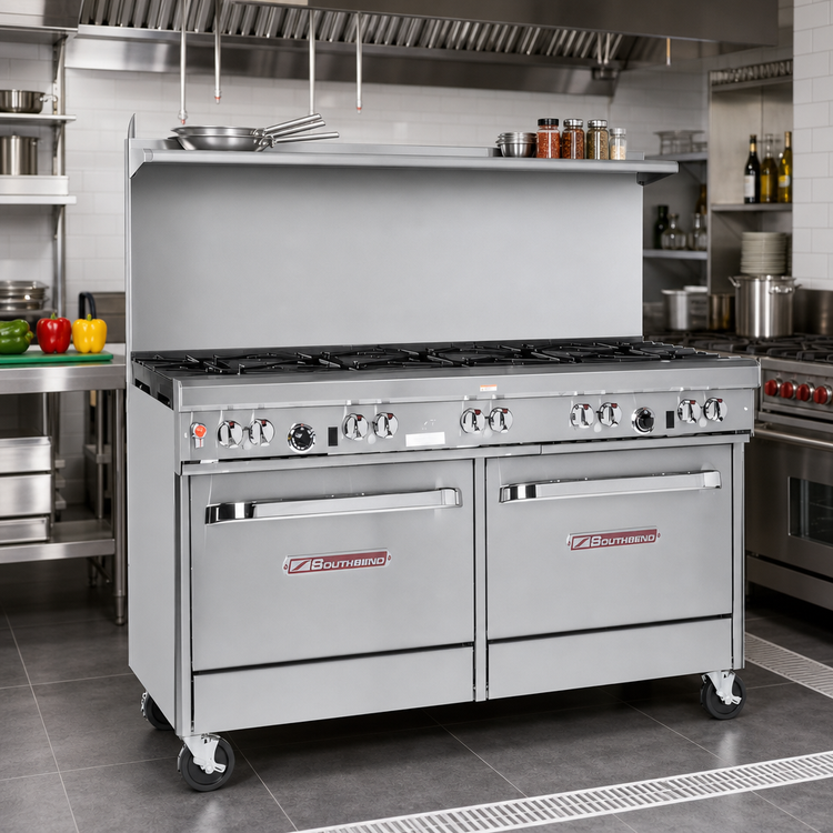 Product image #2 for Ultimate 60-Inch Commercial Gas Restaurant Range with 9 Open Burners, 2 Cabinets, and Hi-Shelf Backriser