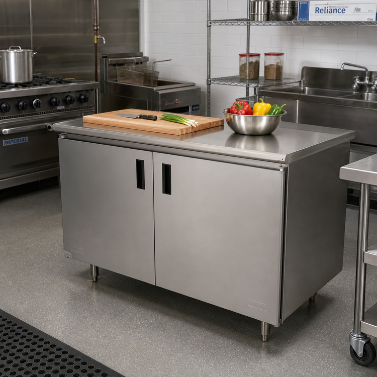 Product image #2 for Advance Tabco Special Value Series Economy Enclosed Work Table with Cabinet Base, Mid-Shelf and Hinged Doors, 60 x 24 Inches, 16-Gauge 304 Stainless Steel Top