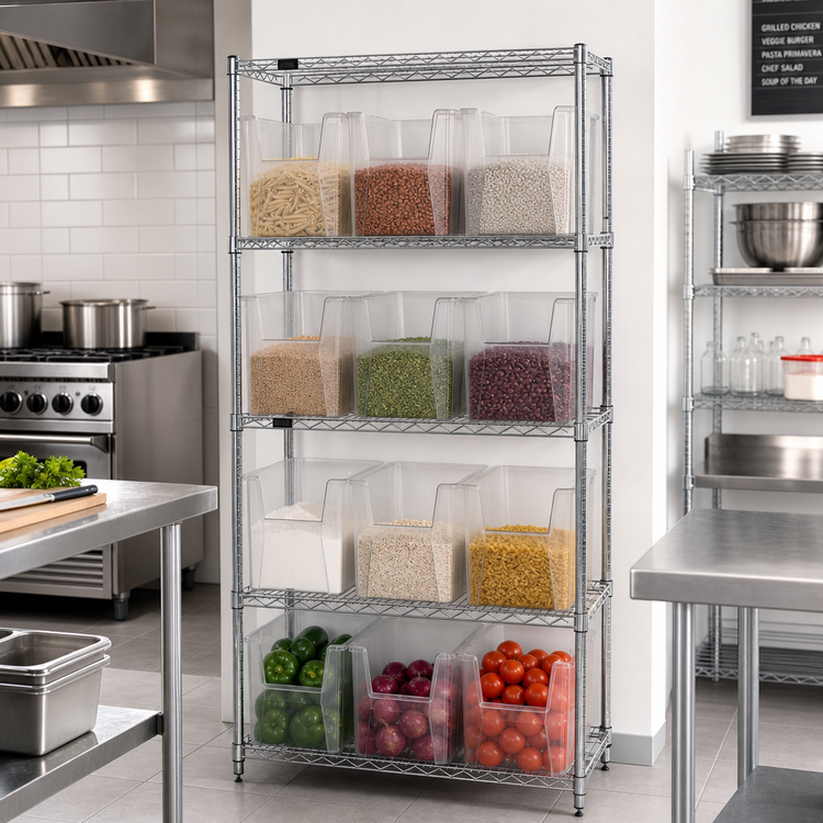 Product image #2 for Quantum 36" W x 18" D x 74" H Stationary Chrome Bin Wire Shelving System with 5 Shelves and 12 Clear Bins