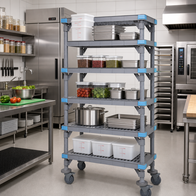 Product image #2 for Quantum Millenia Mobile Polymer Starter Shelving Unit with 5 Open Grid Shelves and Dunnage Stand, 60W x 21D x 74H