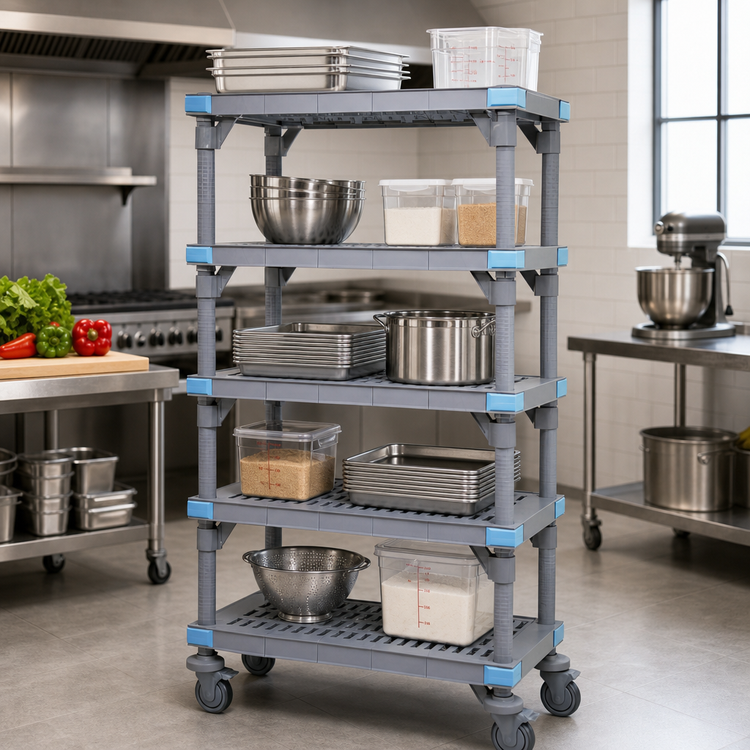 Product image #2 for Millenia Mobile Polymer Shelving Unit with 5 Open Grid Shelves, 36 x 18 x 74 Inches
