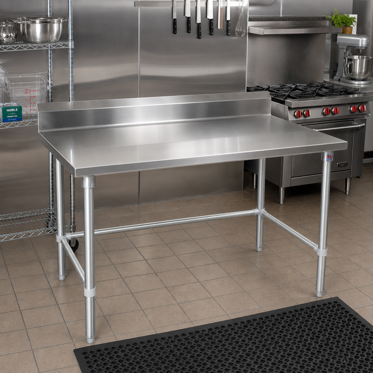 Product image #2 for John Boos Stallion 120-Inch x 24-Inch 16-Gauge 300 Series Stainless Steel Work Table with 5-Inch Backsplash and Galvanized Base