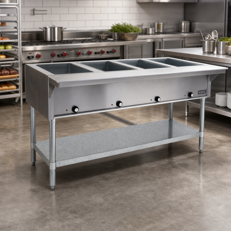 Product image #2 for Eagle Group 63-1/2-Inch Liquid Propane Open Base Hot Food Table with 4 Dry Wells and Galvanized Undershelf