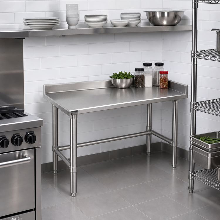 Product image #2 for Eagle Budget Series 30 x 30 Inch Stainless Steel Corner Work Table with 4-1/2 Inch Backsplash