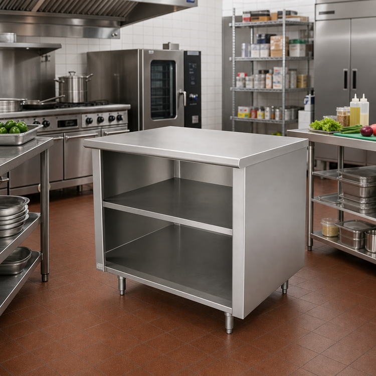 Product image #2 for Advance Tabco Special Value Economy Open Front Cabinet Work Table with Mid-Shelf, 48 x 24 Inch, Flat Top, 304 Stainless Steel