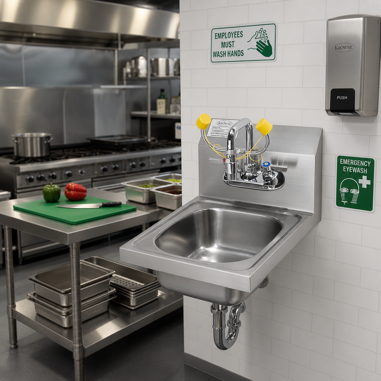 Product image #2 for Krowne 12-Inch Wall-Mount Hand Sink/Eyewash Station with Faucet, Overflow, and P-Trap