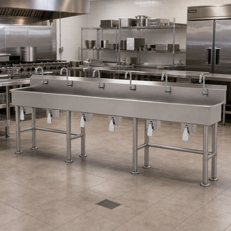 Product image #2 for Advance Tabco Six-Station Knee-Operated Freestanding Hand Sink with Gooseneck Spouts