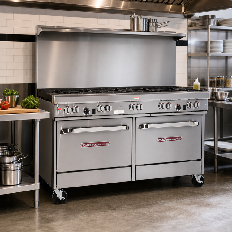 Product image #2 for Southbend Ultimate 60-Inch Commercial Gas Restaurant Range with 8 Burners, 2 Cabinets, and Hi-Shelf