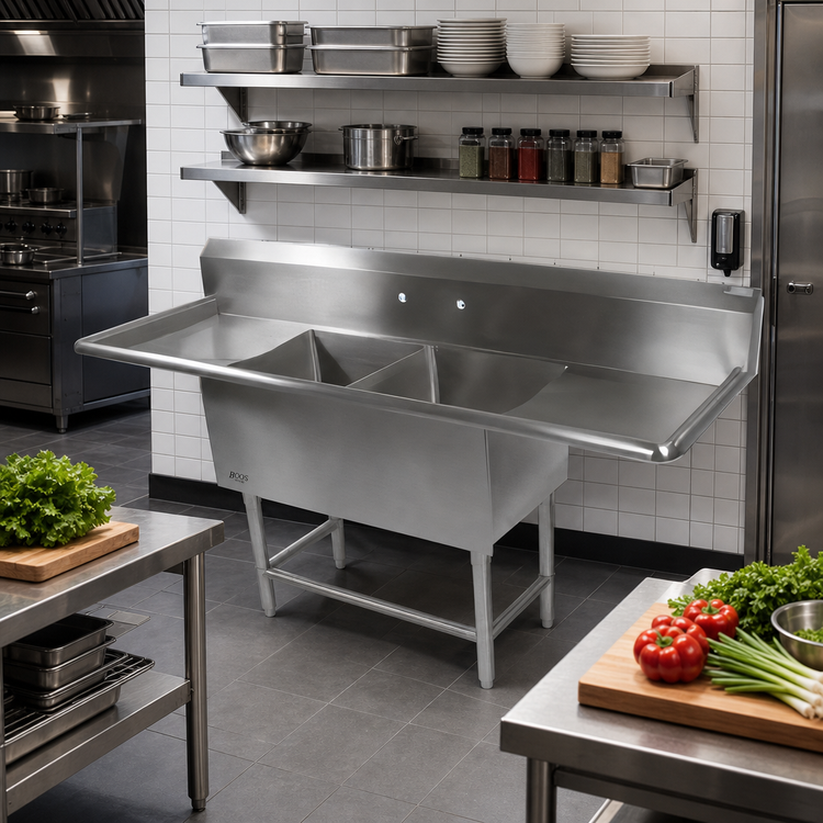 Product image #2 for John Boos Pro-Bowl 2-Compartment 14-Gauge Stainless Steel Sink with Left and Right Drainboards, 87-1/4 Inch