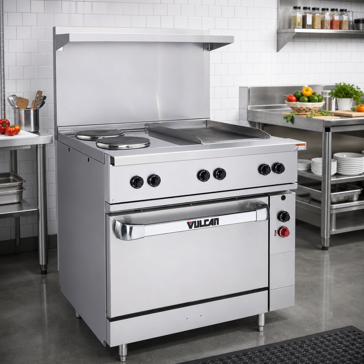 Product image #3 for Vulcan 36-Inch Electric Restaurant Range with 2 Hot Tops, 12-Inch Griddle, and Oversized Oven