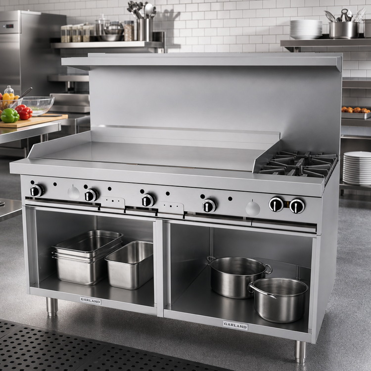 Product image #2 for Garland G Starfire Pro 60-Inch Commercial Gas Range with 2 Open Burners, 48-Inch Griddle, and 2 Storage Bases