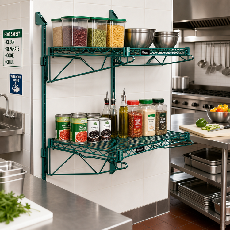 Product image #2 for Quantum Cantilever Double-Shelf Wall-Mount Wire Shelving Unit, 30 x 21 Inches, Green Epoxy Antimicrobial Finish