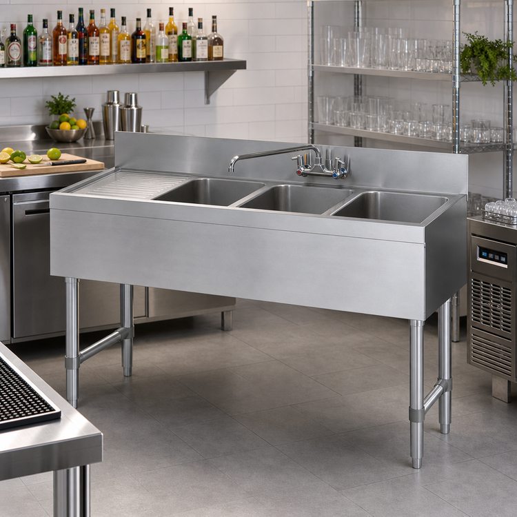 Product image #2 for 48-Inch Three-Compartment Stainless Steel Underbar Sink with Left Drainboard and 3-Inch Backsplash