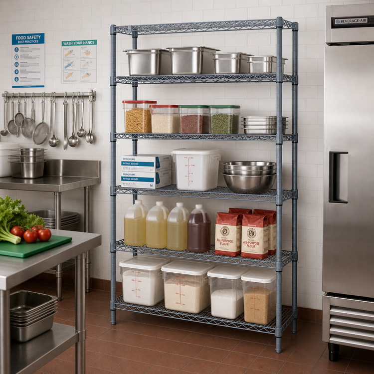Product image #3 for Quantum Stationary Wire Shelving Starter Kit, 30 x 18 x 86 Inches, 5-Shelf, Gray Epoxy Antimicrobial Finish