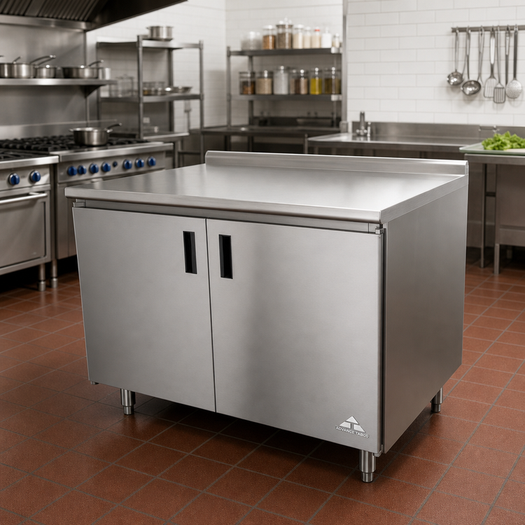 Product image #2 for Advance Tabco 60"W x 36"D Enclosed Stainless Steel Work Table with 14-Gauge 304 Top, Cabinet Base, Mid-Shelf, Hinged Doors, and 1-1/2" Rear Up-Turn