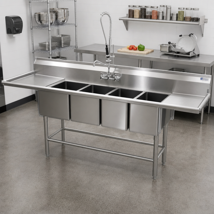 Product image #2 for Spec-Master FN2880-4-36-14/3 160" Four-Compartment Stainless Steel Sink with Dual 36" Drainboards