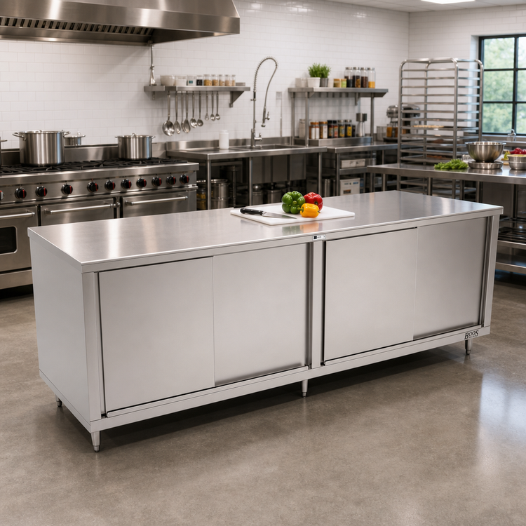 Product image #2 for John Boos 108 Inch x 36 Inch Stainless Steel Enclosed Work Table with Sliding Doors