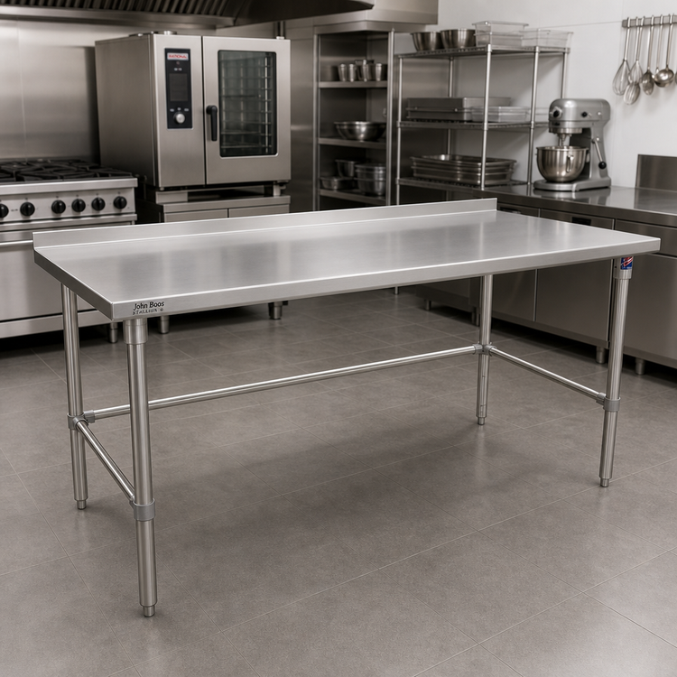 Product image #2 for John Boos Stallion 120" x 30" Stainless Steel Work Table with 16-Gauge 300-Series Top and 1-1/2" Rear Backsplash