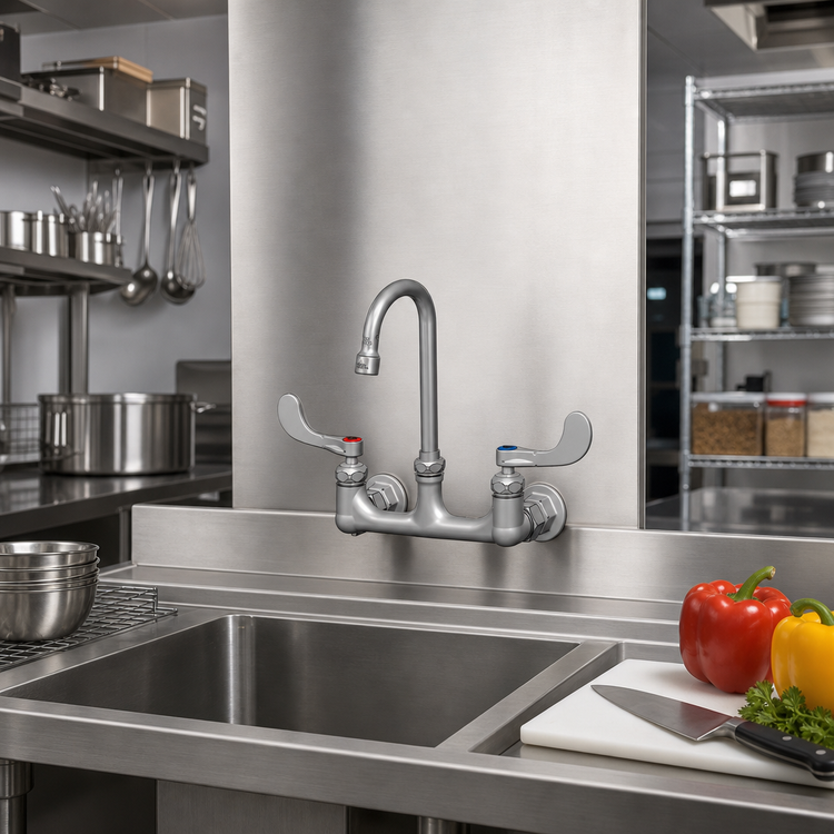 Product image #2 for T&S Brass 8-Inch Wall Mount Double Pantry Mixing Faucet with 3-5/8-Inch Swivel Gooseneck and 1.5 GPM Aerator