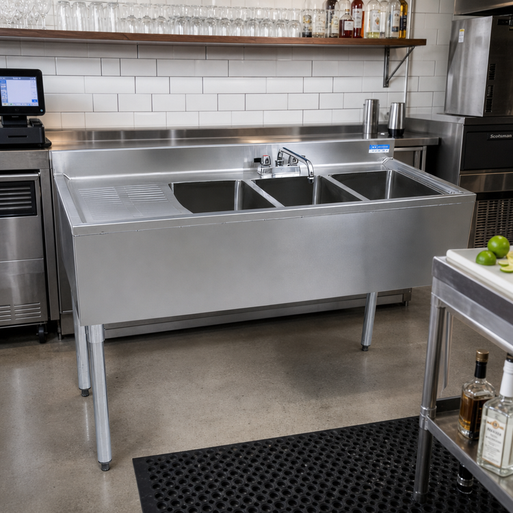 Product image #2 for BK Resources Three-Compartment Underbar Sink with Left Drainboard, Faucet, and Backsplash