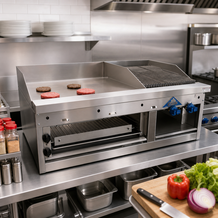 Product image #2 for Comstock-Castle 48-Inch Countertop Gas Char-Broiler, Griddle, and Cheesemelter Combination
