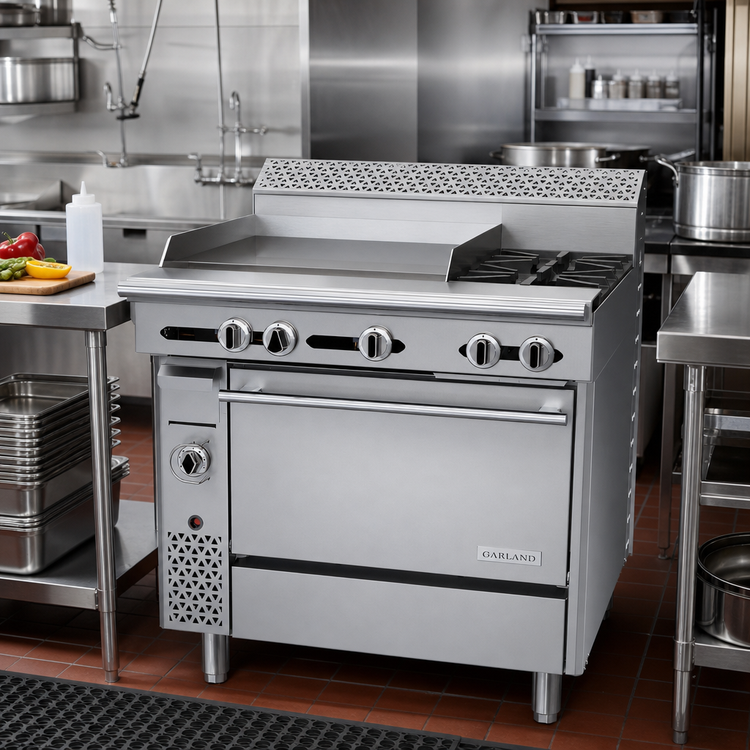Product image #2 for Garland Cuisine Series Heavy Duty 36-Inch Gas Range with Thermostatic 24-Inch Griddle, Two Open Burners, and Standard Oven