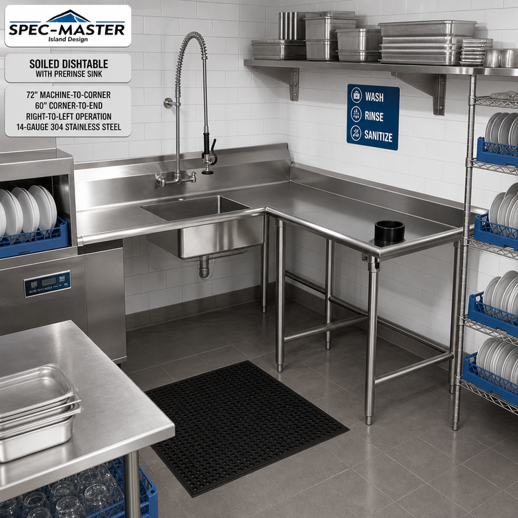 Product image #2 for Spec-Master Island Design Soiled Dishtable with Prerinse Sink, 72-Inch Machine-to-Corner, 60-Inch Corner-to-End, Right-to-Left Operation, 14-Gauge 304 Stainless Steel