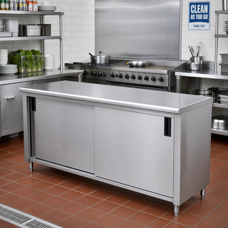 Product image #2 for Advance Tabco Special Value Series Enclosed Work Table with Cabinet Base, 108 x 30 Inches, 16 Gauge 304 Stainless Steel Top