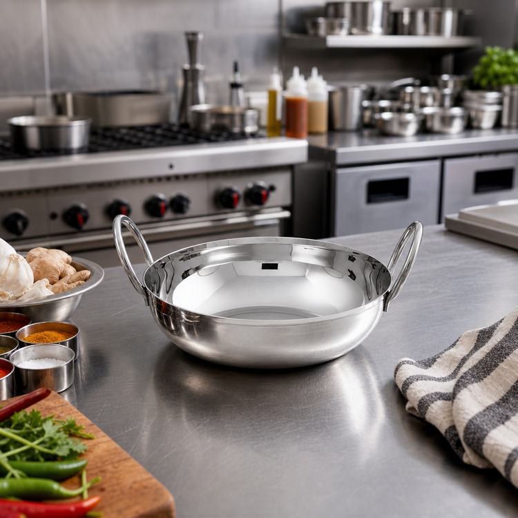 Product image #3 for American Metalcraft 18 oz. Stainless Steel Mirror Finish Balti Dish with Handles