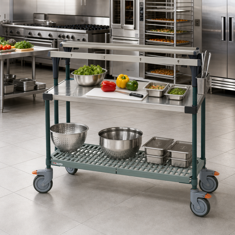 Product image #2 for PrepMate MultiStation 18 x 48 Prep Cart with Solid Stainless Steel and Super Erecta Pro Hybrid Shelves