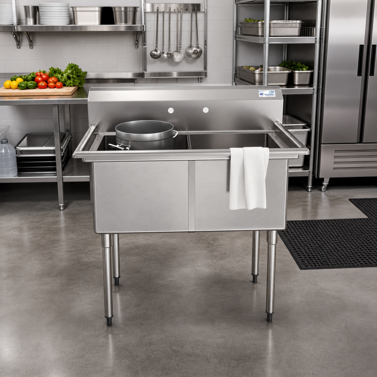 Product image #3 for KoolMore 42-Inch 2-Compartment 18-Gauge 304 Stainless Steel Commercial Sink with Backsplash and Adjustable Legs